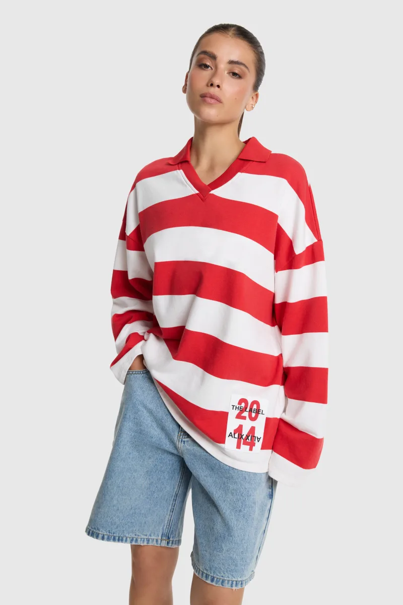 Ladies Knitted Block Stripe Polo Sweater van ALIX The Label, kleur Spicy Coral