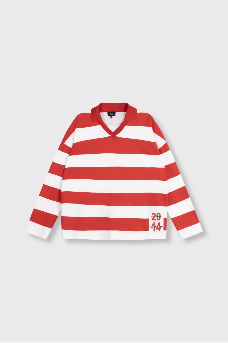 Ladies Knitted Block Stripe Polo Sweater van ALIX The Label, kleur Spicy Coral