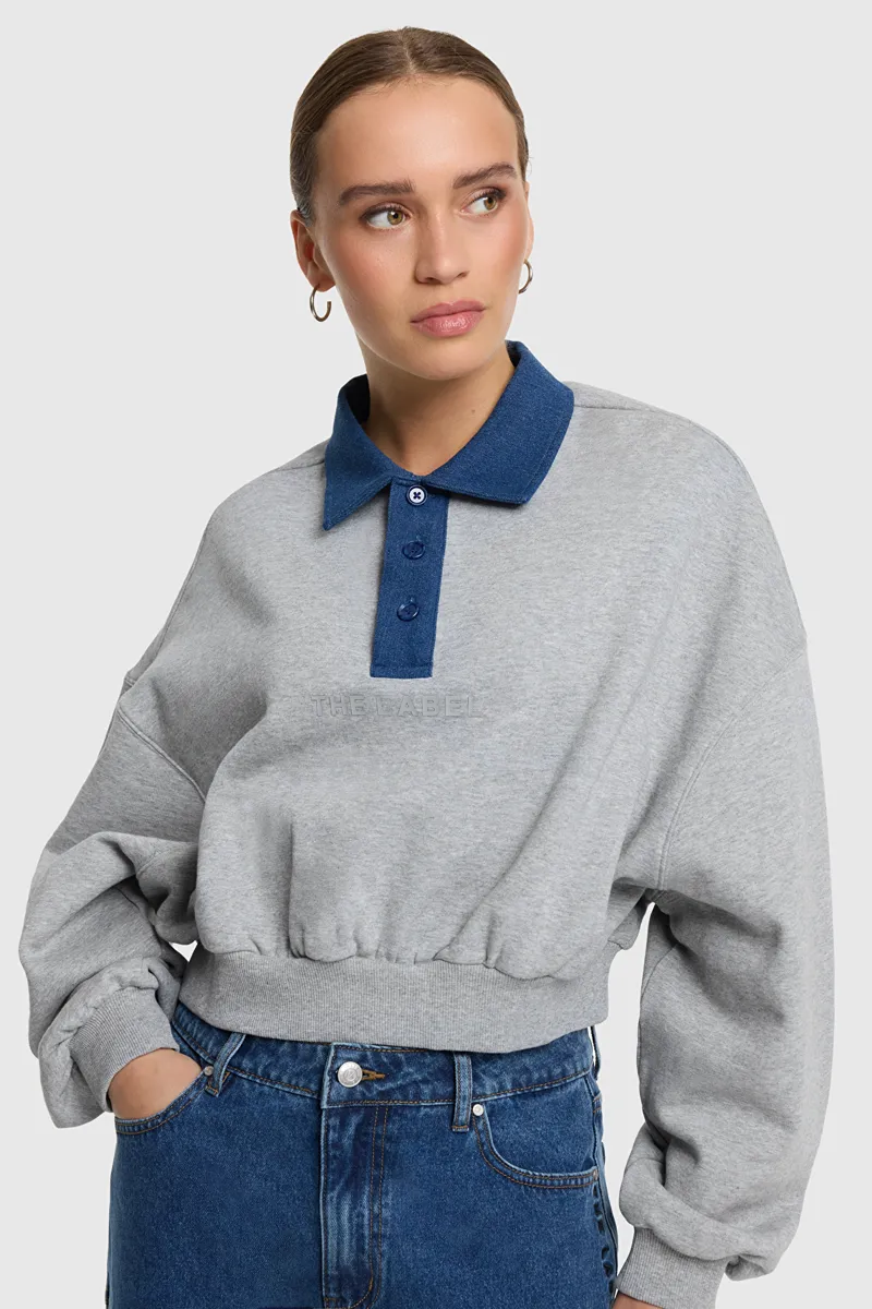 Ladies Knitted Polo Sweater van ALIX The Label, kleur Soft Grey Melange