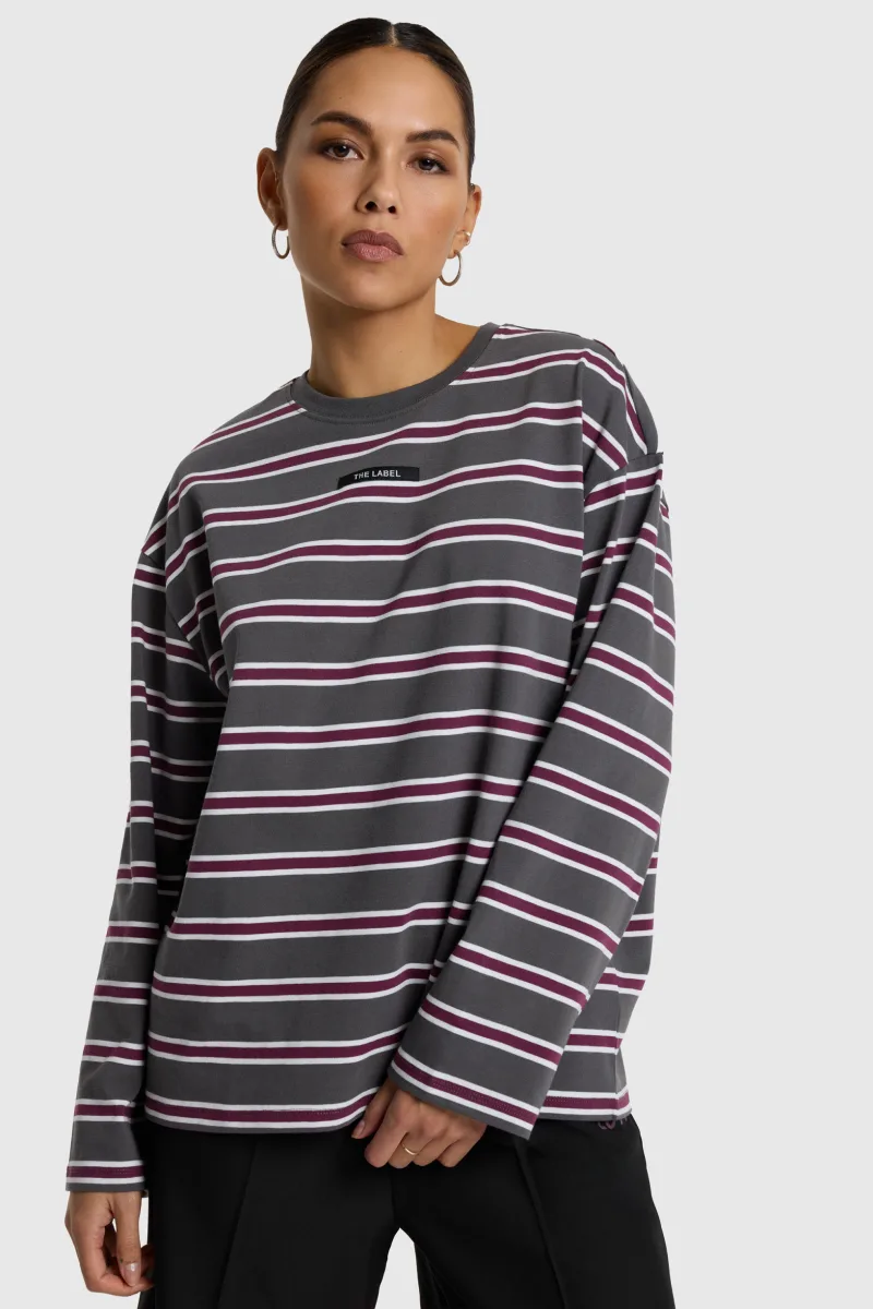 Ladies Knitted Stripe Longsleeve T-Shirt van ALIX The Label, kleur Antracite