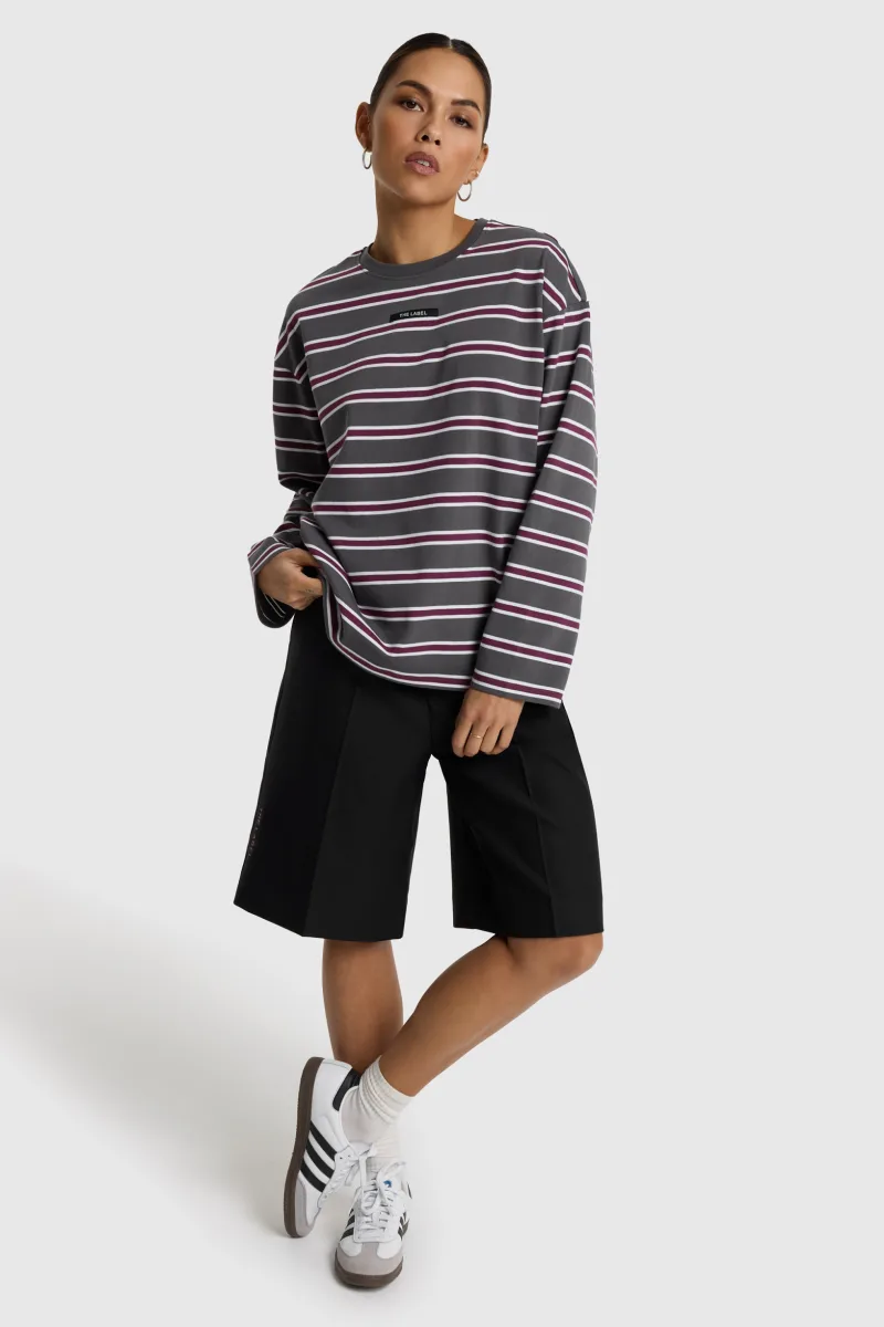 Ladies Knitted Stripe Longsleeve T-Shirt van ALIX The Label, kleur Antracite