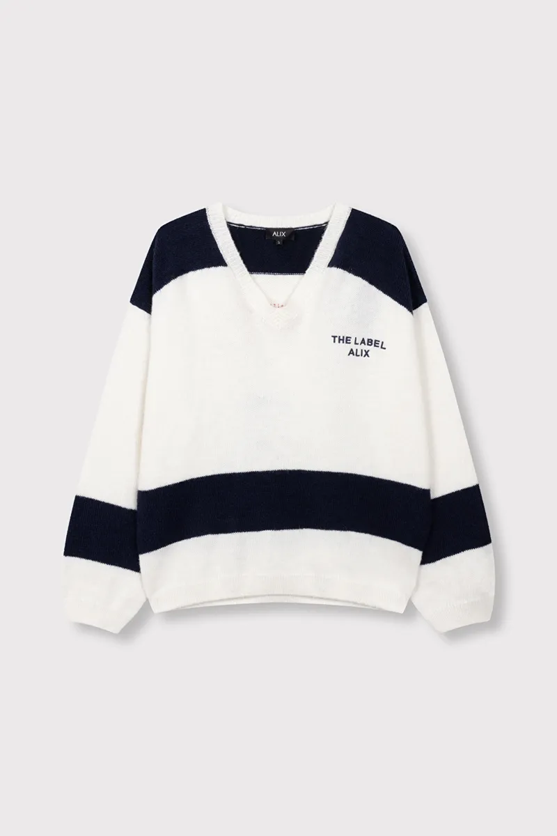 Ladies Knitted Striped Pullover van ALIX The Label, kleur Cream