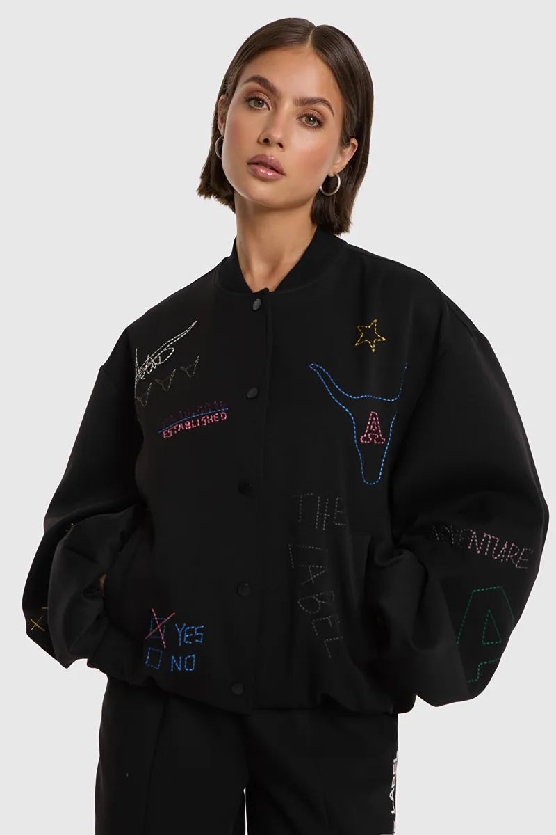 Ladies Woven Artwork Bomber van ALIX The Label, kleur Black