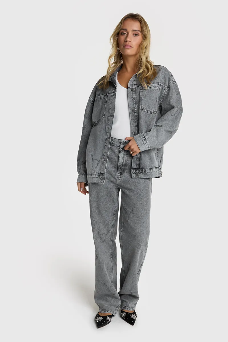 Ladies Woven Damaged Bull Pants van ALIX The Label, kleur Grey Washed Denim