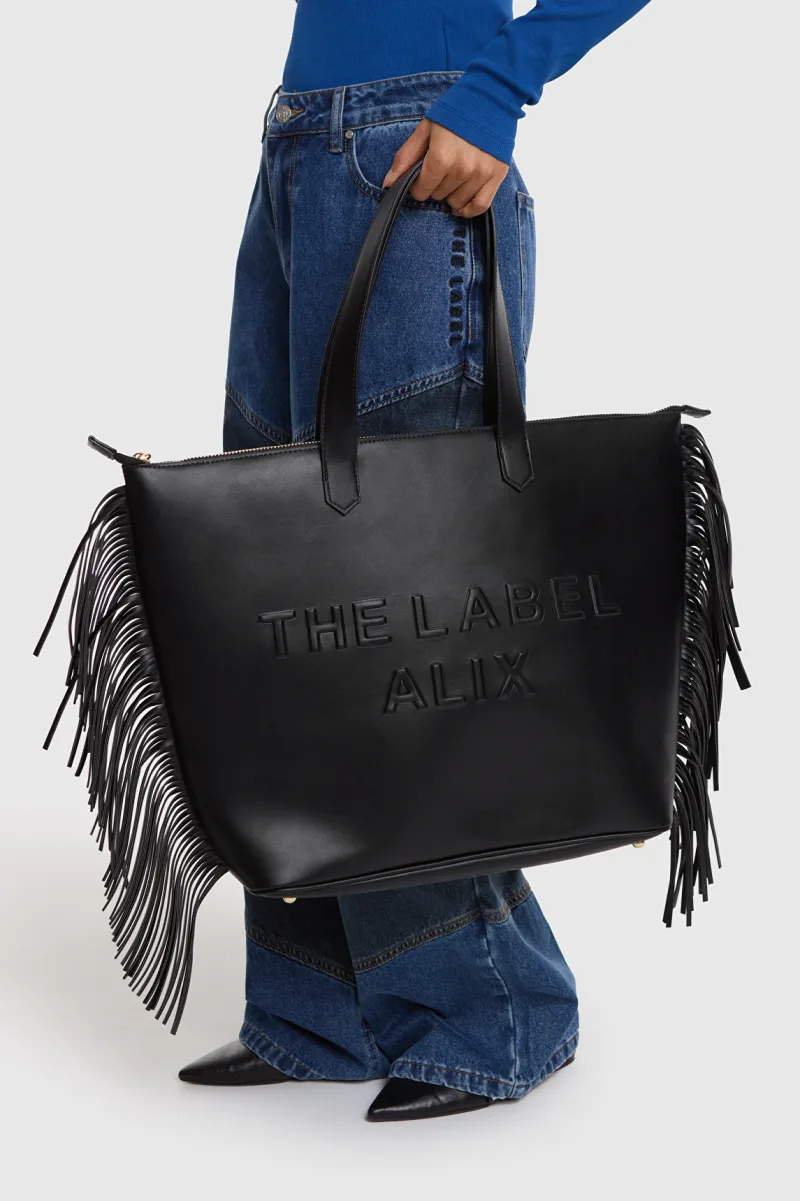 Ladies Woven Faux Fringes Shopper van ALIX The Label, kleur Black