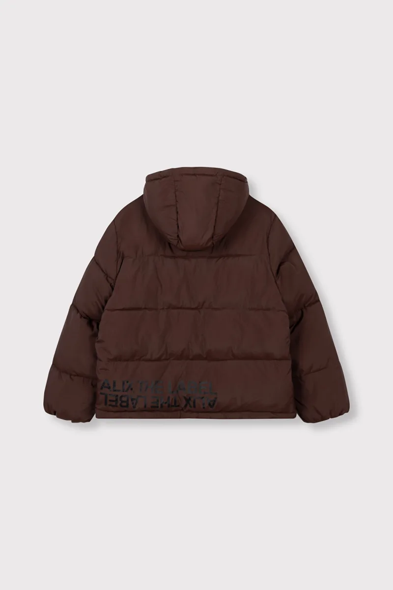 Ladies Woven Puffer Coat van ALIX The Label, kleur Warm Brown