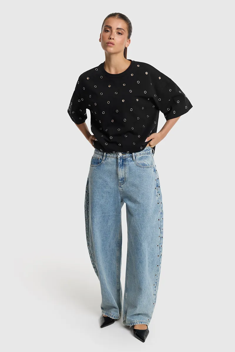 Ladies Woven Studded Barrel Denim Pants van ALIX The Label, kleur Light Blue Denim