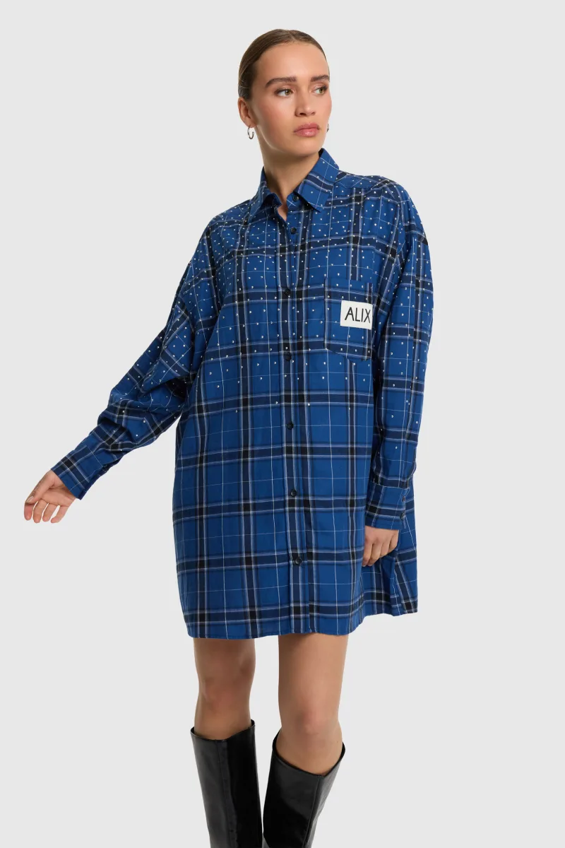 Ladies Woven Studded Check Blouse Dress van ALIX The Label, kleur Blue Dark