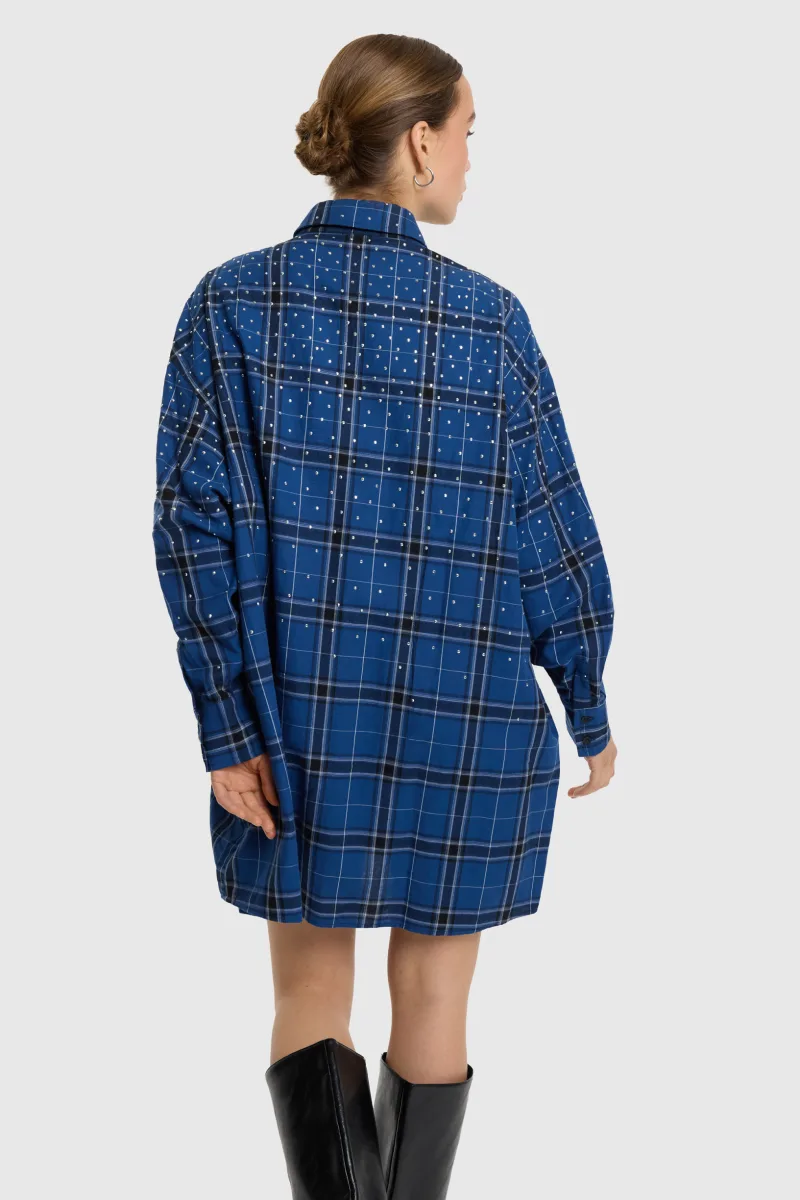 Ladies Woven Studded Check Blouse Dress van ALIX The Label, kleur Blue Dark