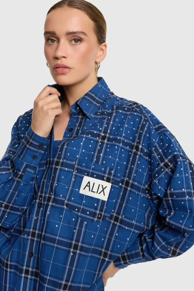 Ladies Woven Studded Check Blouse Dress van ALIX The Label, kleur Blue Dark