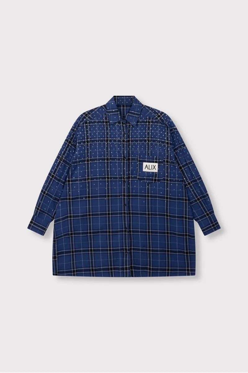 Ladies Woven Studded Check Blouse Dress van ALIX The Label, kleur Blue Dark