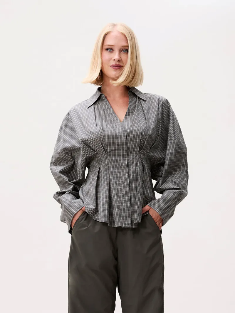 Check Blouse With Waist Pleats van Catwalk Junkie, kleur Dark Green