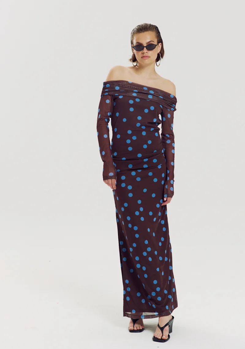 Jenny Off Shoulder Top van Harper & Yve, kleur Blue Polka Dot