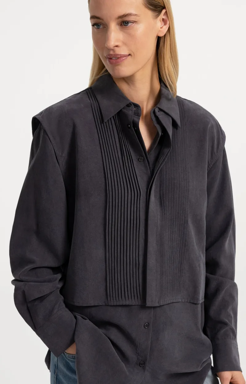 Blouse Met Giletkraag En Plooidetails van YAYA, kleur Hole Black