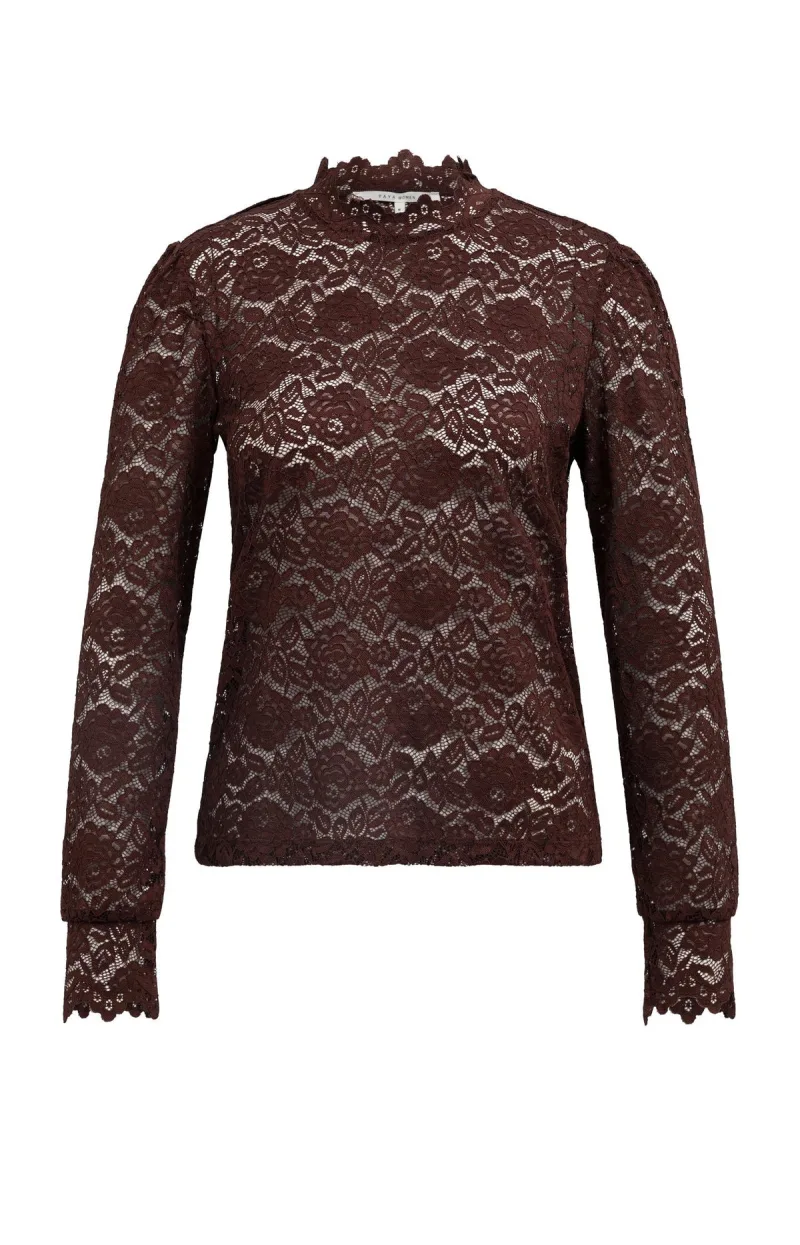 Kanten Top Met Hoge Hals En Lange Mouwen van YAYA, kleur Bitter Chocolate Red