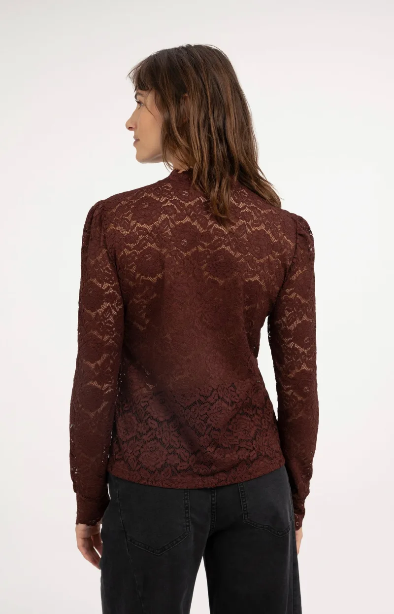 Kanten Top Met Hoge Hals En Lange Mouwen van YAYA, kleur Bitter Chocolate Red