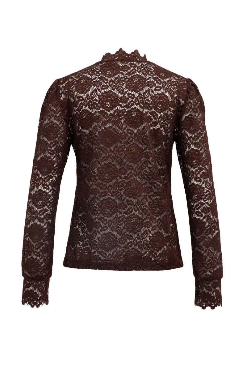 Kanten Top Met Hoge Hals En Lange Mouwen van YAYA, kleur Bitter Chocolate Red