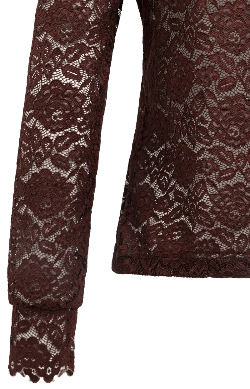 Kanten Top Met Hoge Hals En Lange Mouwen van YAYA, kleur Bitter Chocolate Red