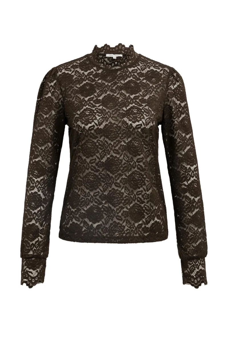 Kanten Top Met Hoge Hals En Lange Mouwen van YAYA, kleur Delicioso Brown