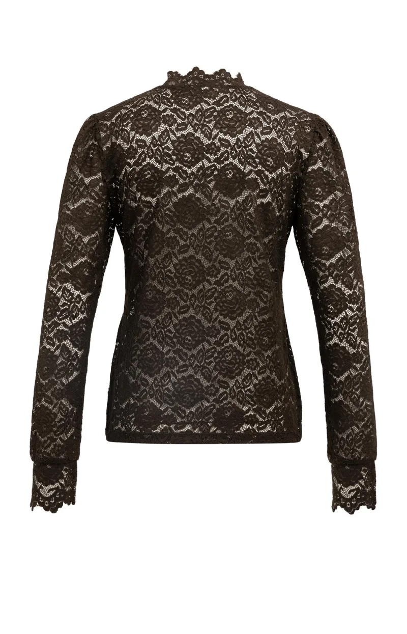 Kanten Top Met Hoge Hals En Lange Mouwen van YAYA, kleur Delicioso Brown