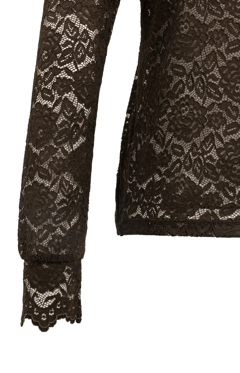 Kanten Top Met Hoge Hals En Lange Mouwen van YAYA, kleur Delicioso Brown