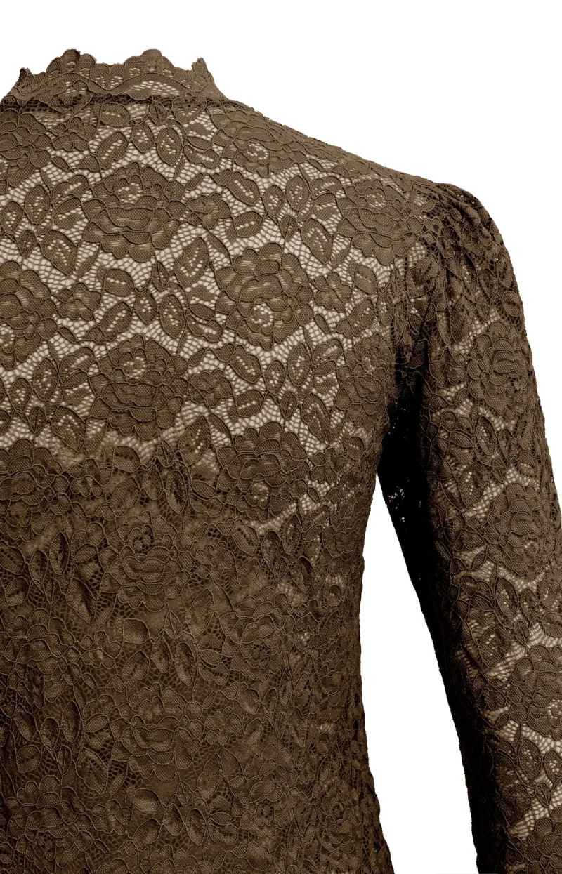 Kanten Top Met Hoge Hals En Lange Mouwen van YAYA, kleur Delicioso Brown