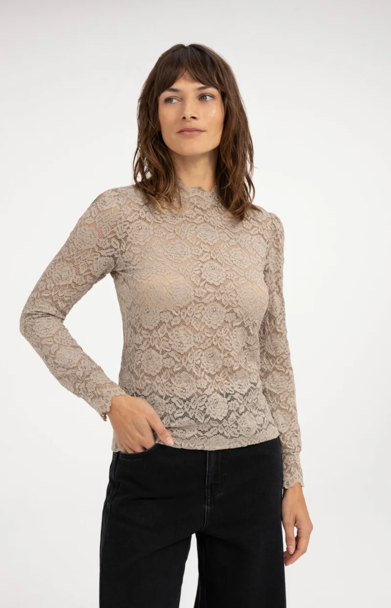 Kanten Top Met Hoge Hals En Lange Mouwen van YAYA, kleur Pure Cashmere Grey
