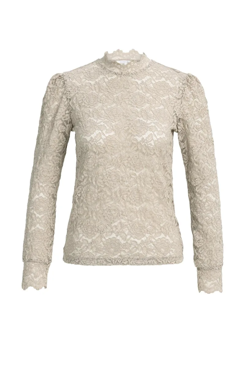 Kanten Top Met Hoge Hals En Lange Mouwen van YAYA, kleur Pure Cashmere Grey