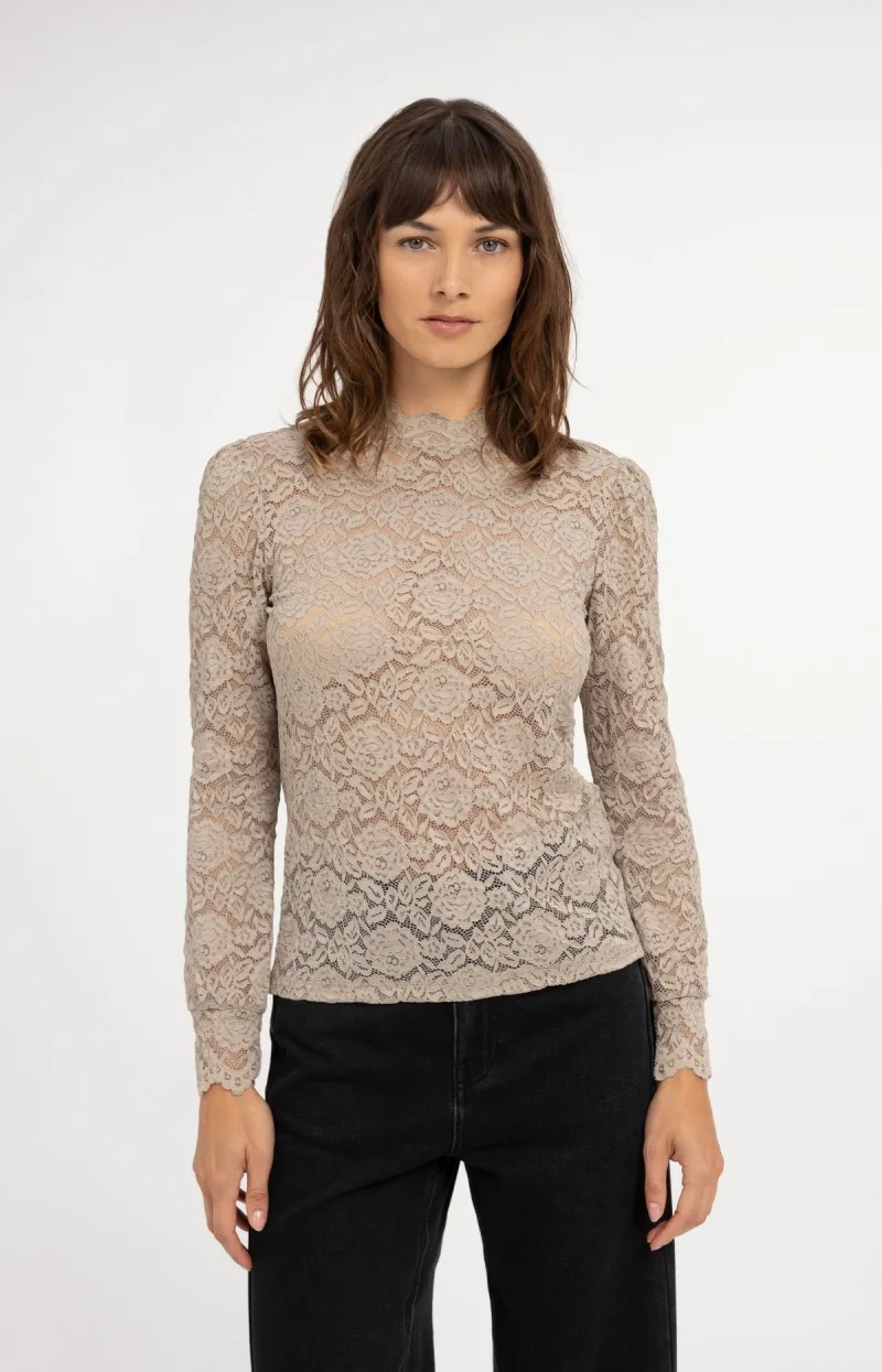 Kanten Top Met Hoge Hals En Lange Mouwen van YAYA, kleur Pure Cashmere Grey