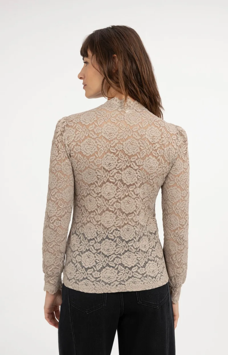 Kanten Top Met Hoge Hals En Lange Mouwen van YAYA, kleur Pure Cashmere Grey