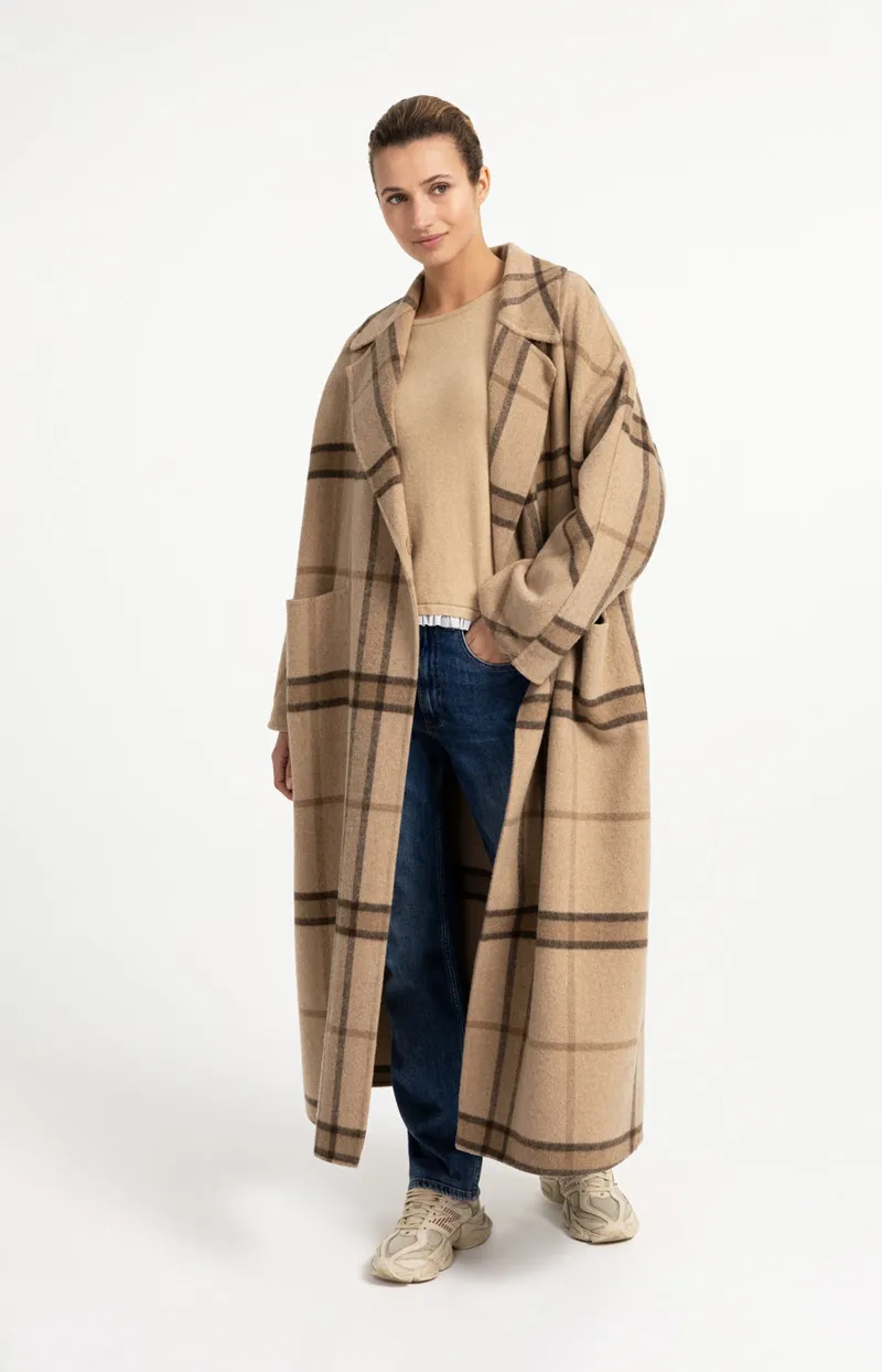 Lange Geruite Jas Van Wolmix Met Oversized Pasvorm van YAYA, kleur Cornstalk Brown Dessin