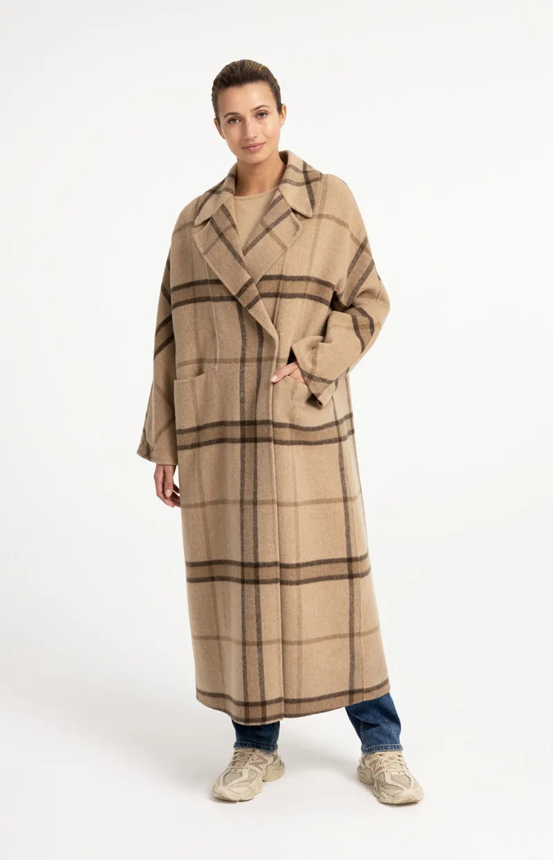 Lange Geruite Jas Van Wolmix Met Oversized Pasvorm van YAYA, kleur Cornstalk Brown Dessin