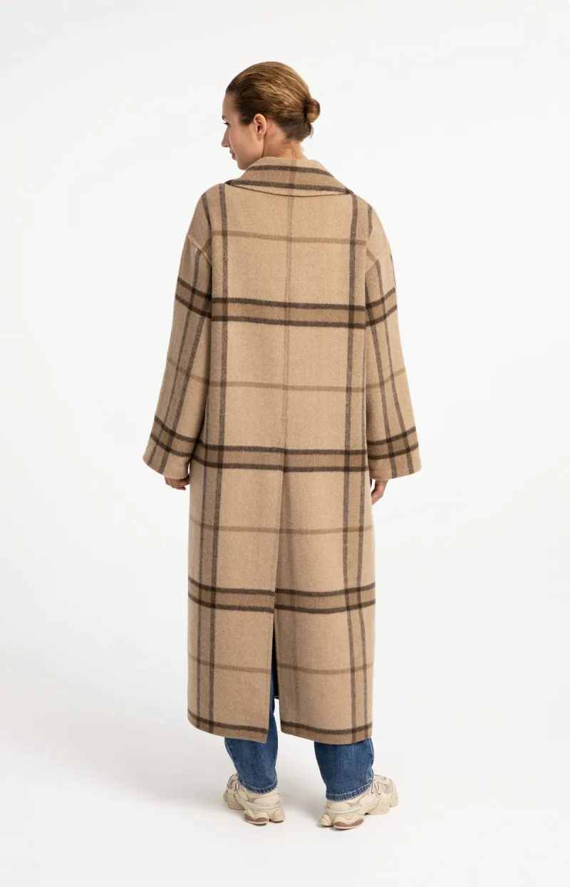 Lange Geruite Jas Van Wolmix Met Oversized Pasvorm van YAYA, kleur Cornstalk Brown Dessin
