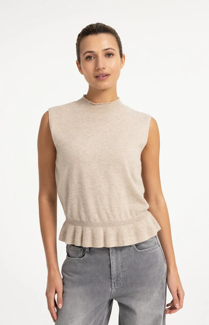 Mouwloze Gebreide Top Met Golvende Ribzoom van YAYA, kleur Light Beige Melange