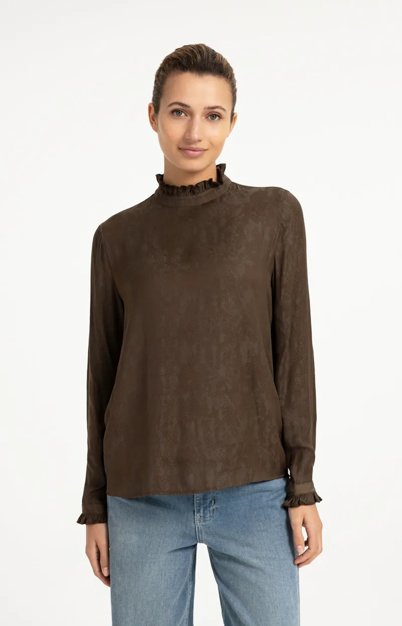 Top Met Ruches En Lange Mouwen van YAYA, kleur Slate Black Brown Dessin