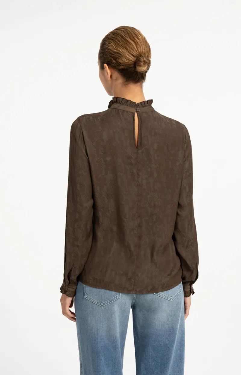 Top Met Ruches En Lange Mouwen van YAYA, kleur Slate Black Brown Dessin