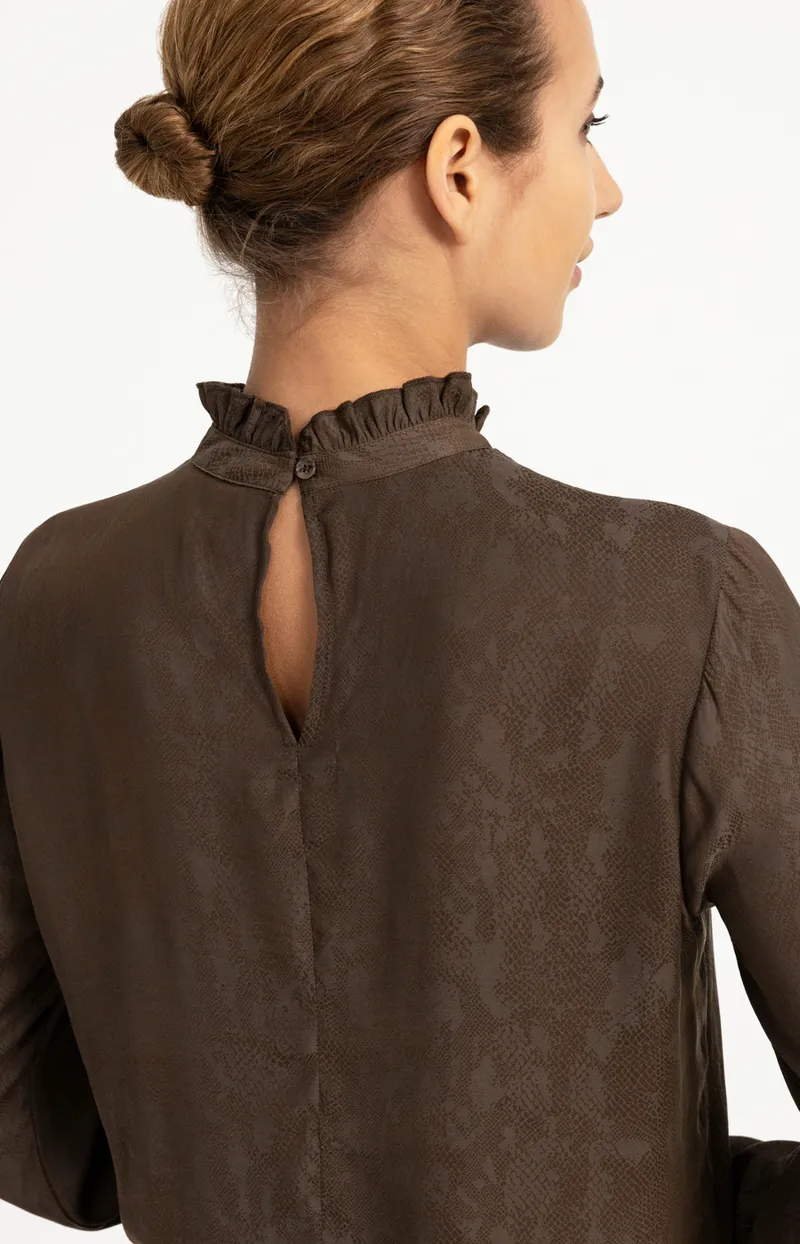Top Met Ruches En Lange Mouwen van YAYA, kleur Slate Black Brown Dessin
