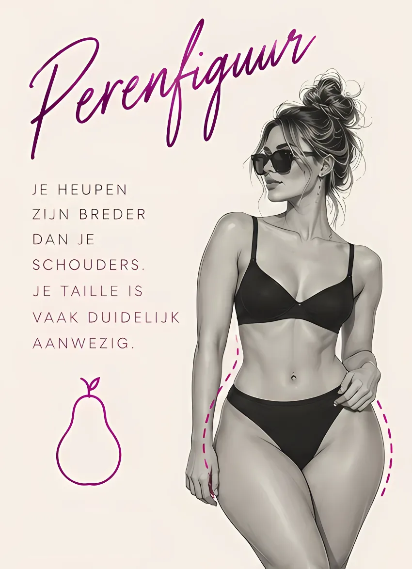 Tekening van een vrouw met heupen die breder zijn dan haar schouders