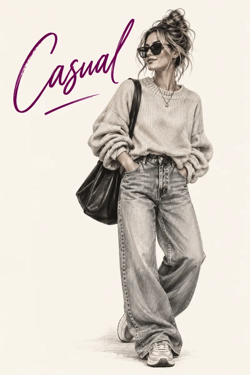 Tekening van een vrouw in een ruime gebreide trui, wijde jeans en sneakers met een schoudertas