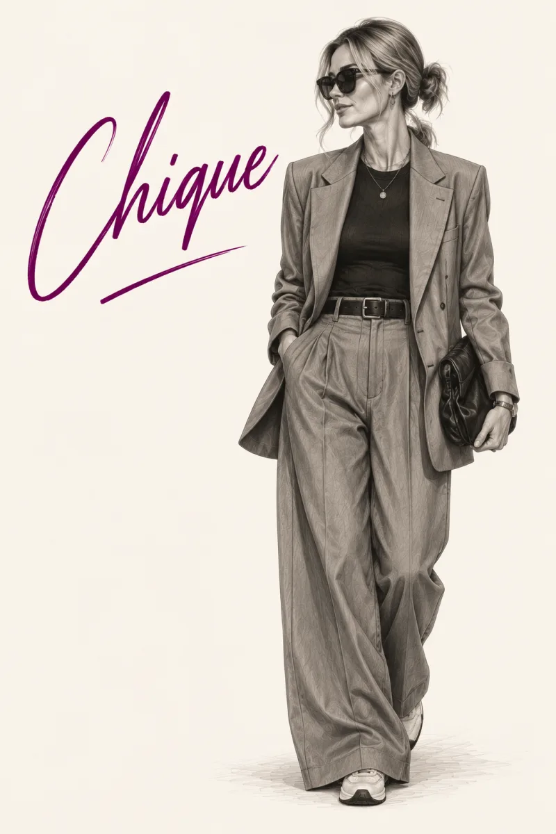 Tekening van een vrouw in een licht pak met wijde pantalon en een clutch