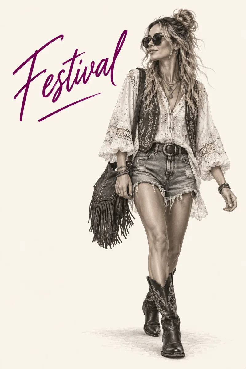 Tekening van een vrouw in een kanten blouse met gilet, korte spijkerbroek en cowboylaarzen