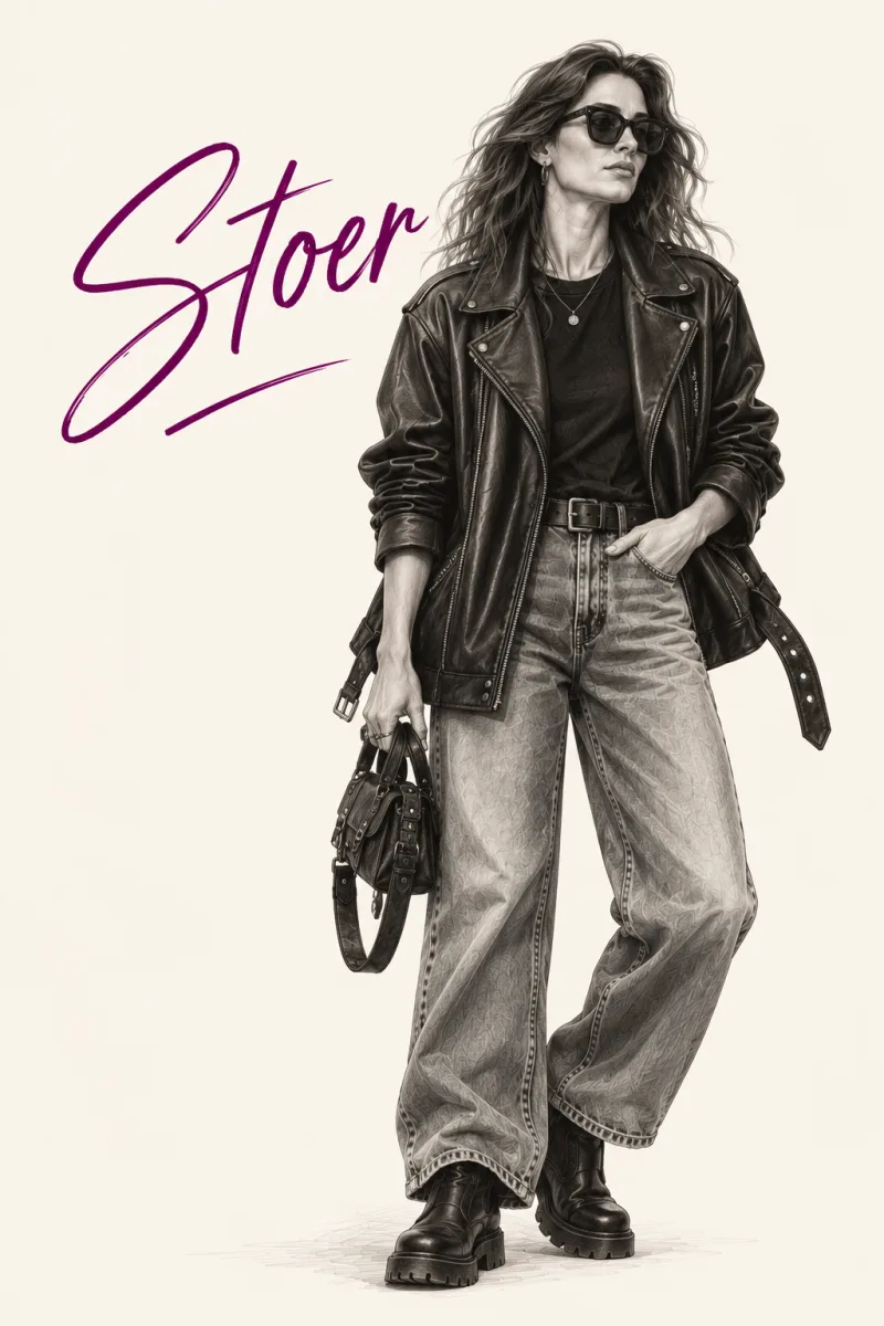 Tekening van een vrouw in een leren bikerjack, wijde jeans en stoere veterlaarzen