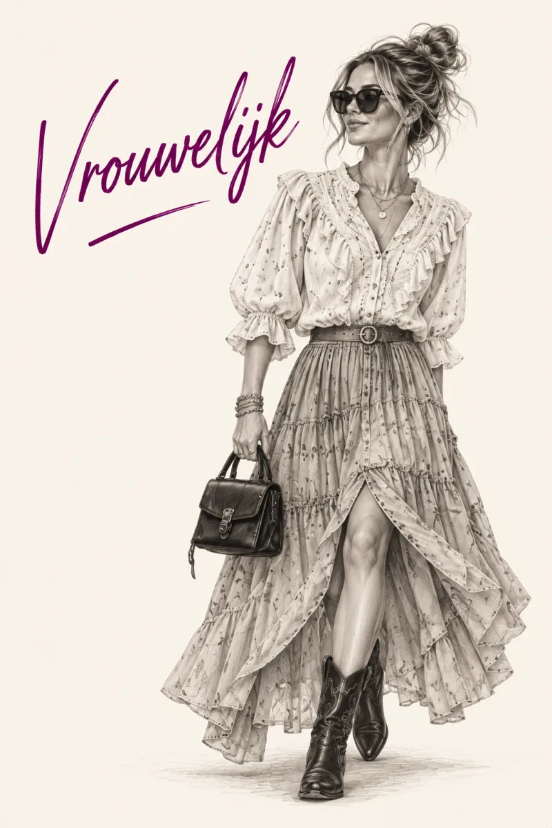 Tekening van een vrouw in een blouse met ruches en een lange rok met volants