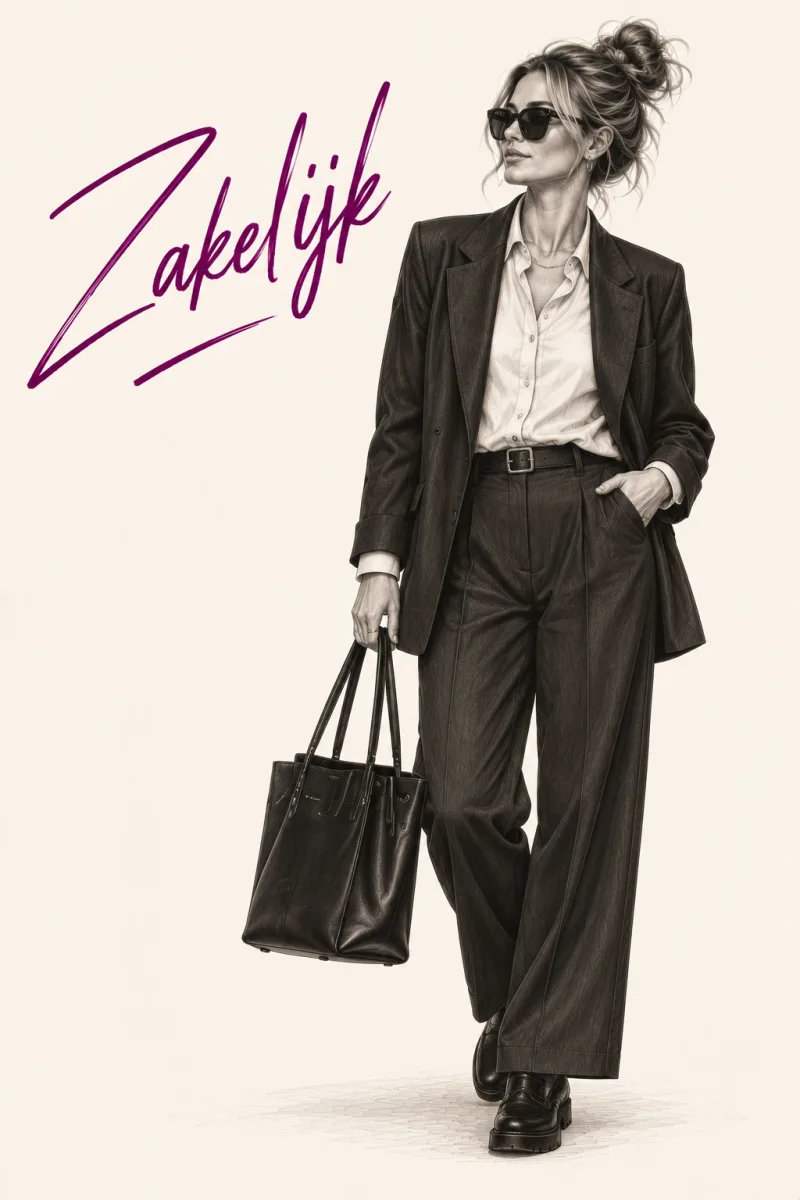 Tekening van een vrouw in een donker pak met wijde pantalon en een shopper